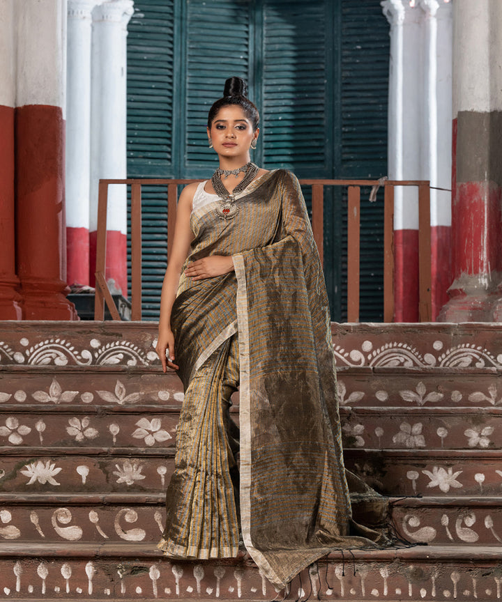 Gold linen checks bengal handloom saree