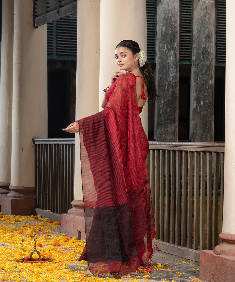 Black red linen tissue handwoven bengal saree