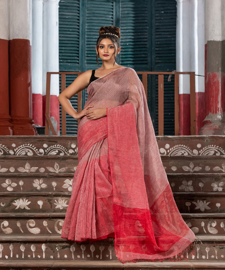Red bengal silver tissue linen handwoven saree