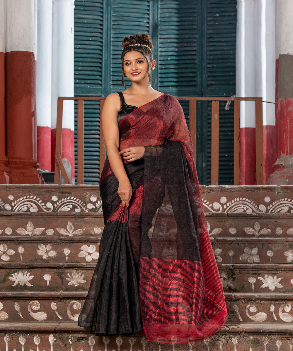 Black red tissue linen handwoven bengal saree
