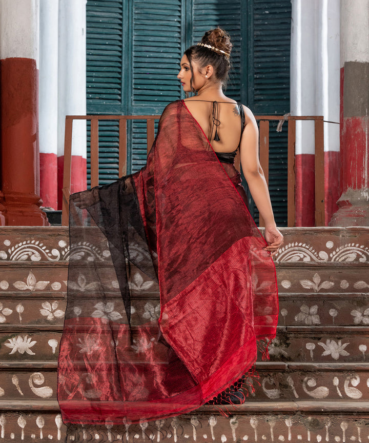 Black red tissue linen handwoven bengal saree