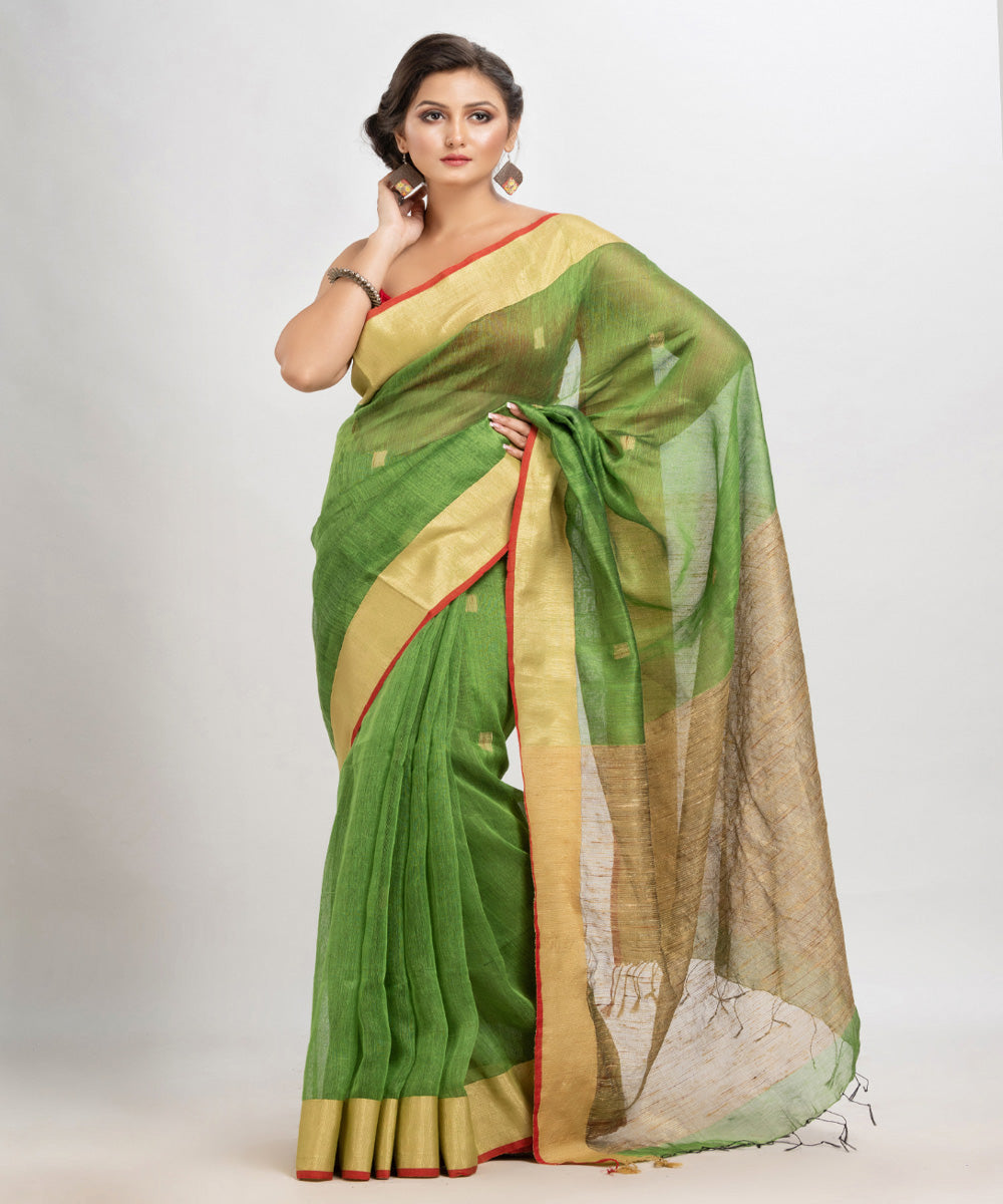 Lime green handloom silk blend linen bengal saree