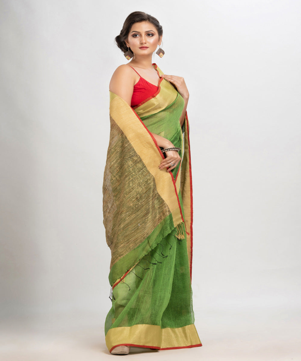 Lime green handloom silk blend linen bengal saree