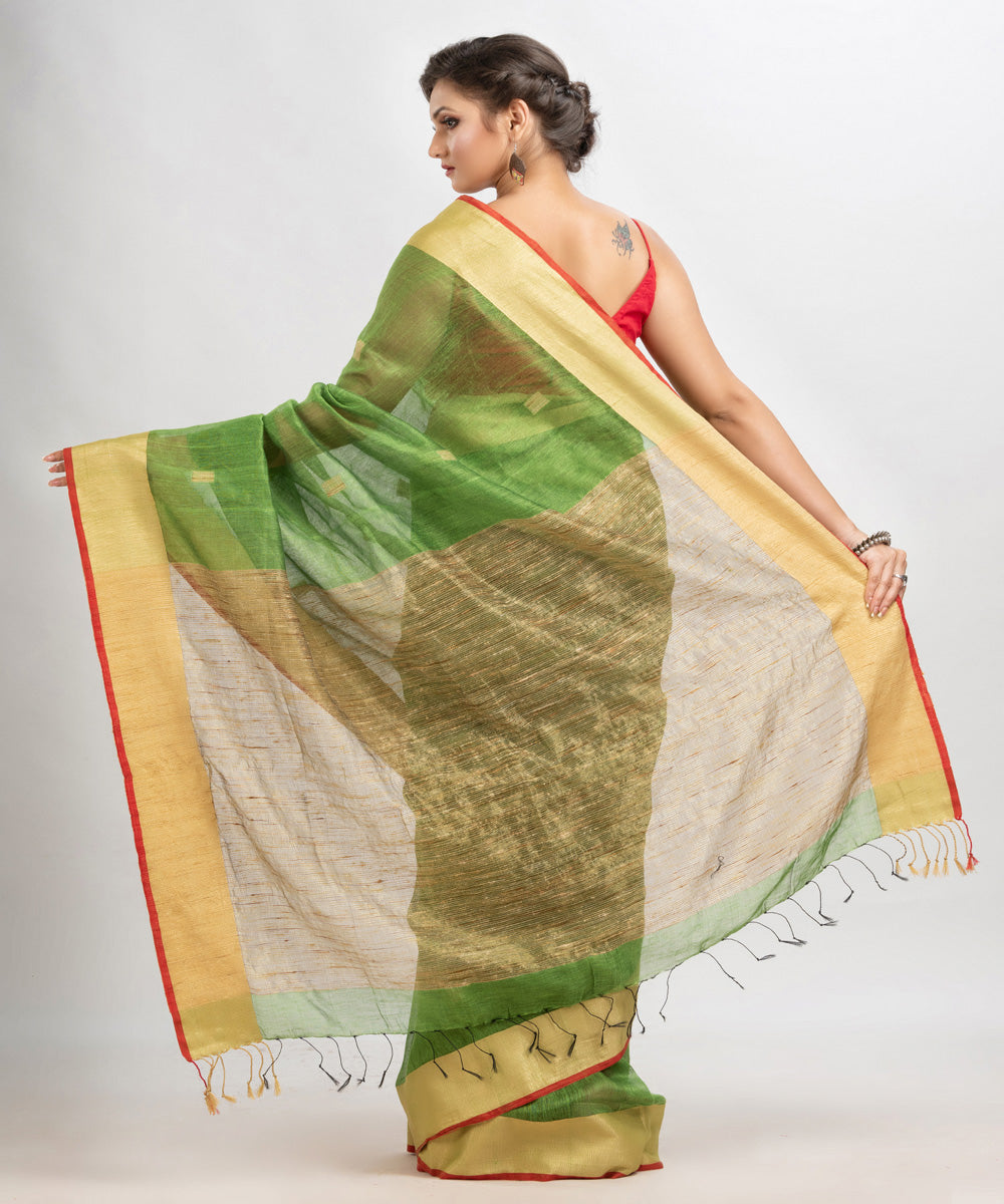 Lime green handloom bengal linen saree