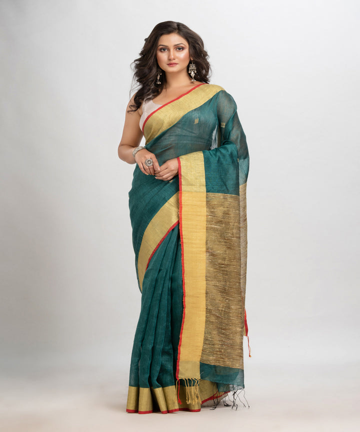 Dark teal handloom silk blend linen bengal saree