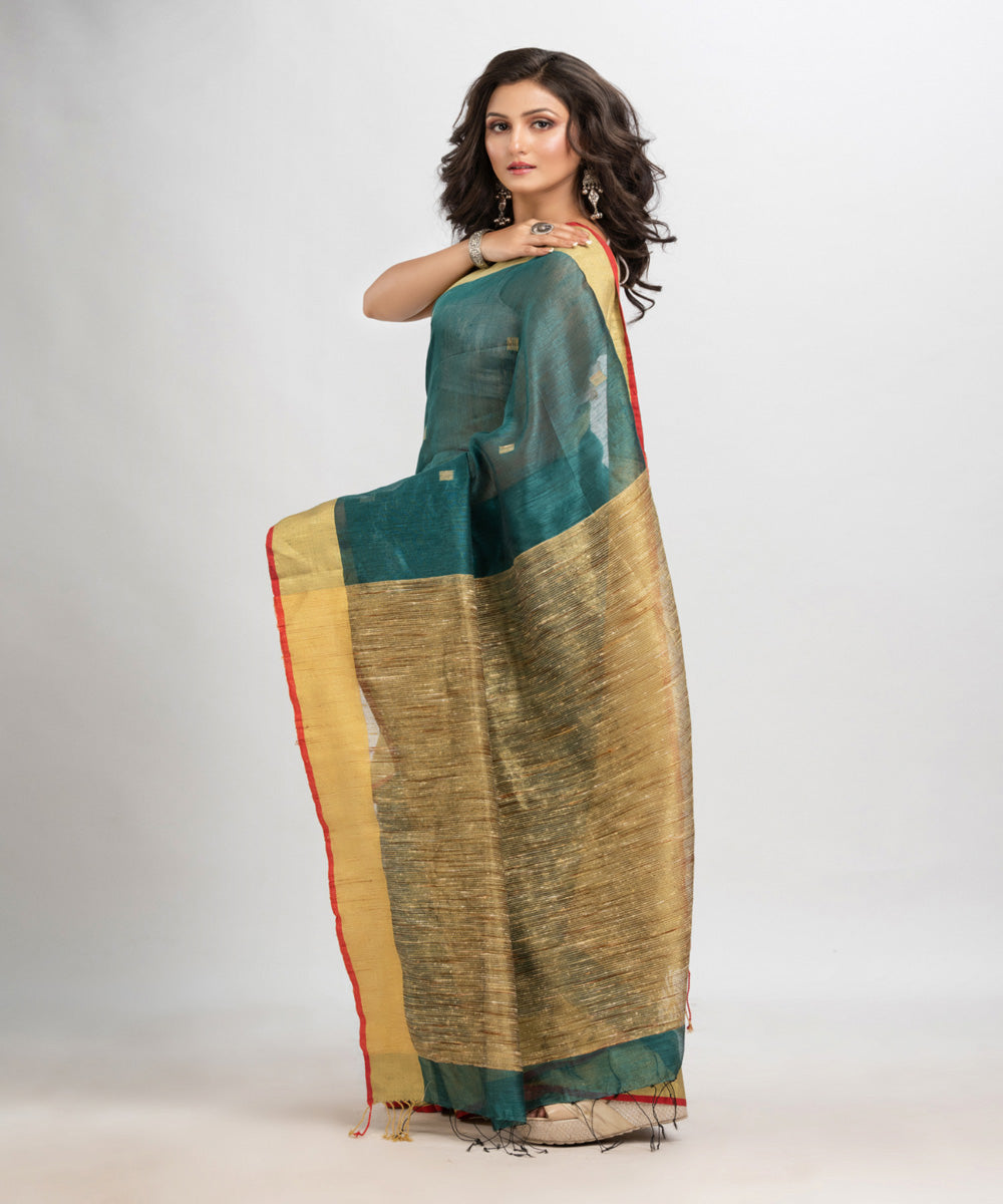 Dark teal handloom silk blend linen bengal saree
