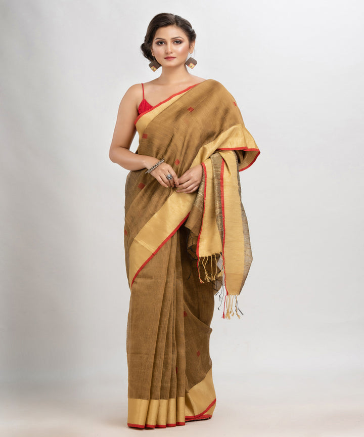 Light brown red handloom silk blend linen bengal saree