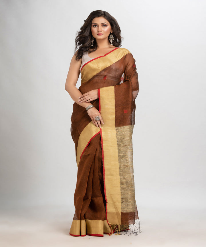 Coffee red handloom bengal linen saree