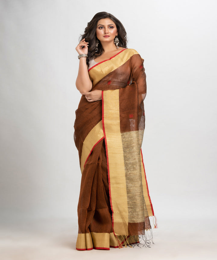 Coffee red handloom bengal linen saree