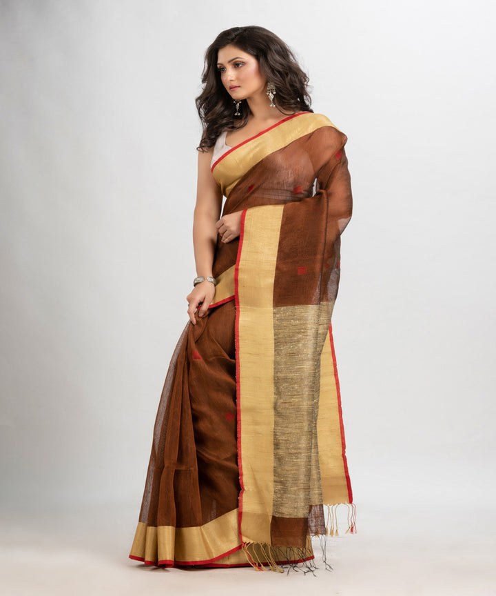 Coffee handloom silk blend linen bengal saree