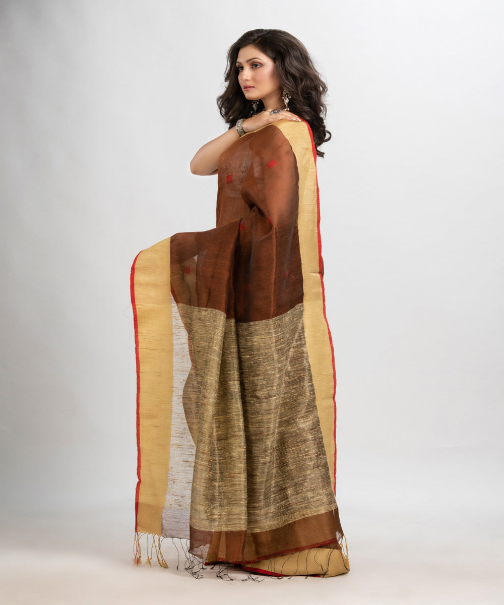 Coffee handloom silk blend linen bengal saree