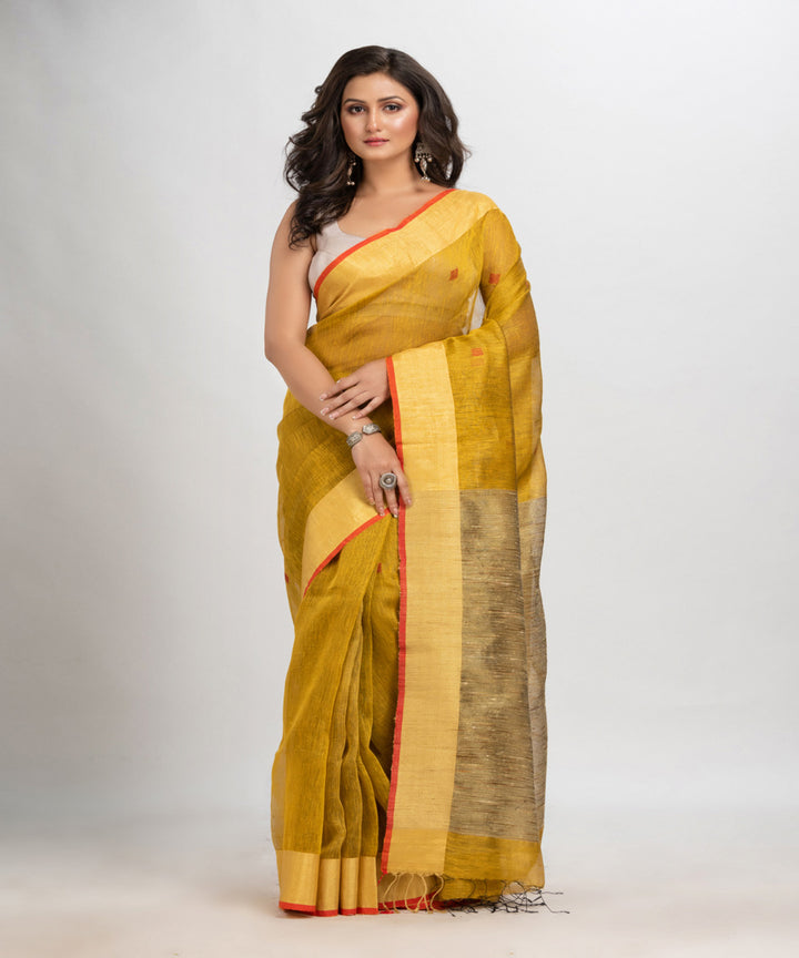 Mustard red handloom silk blend linen bengal saree