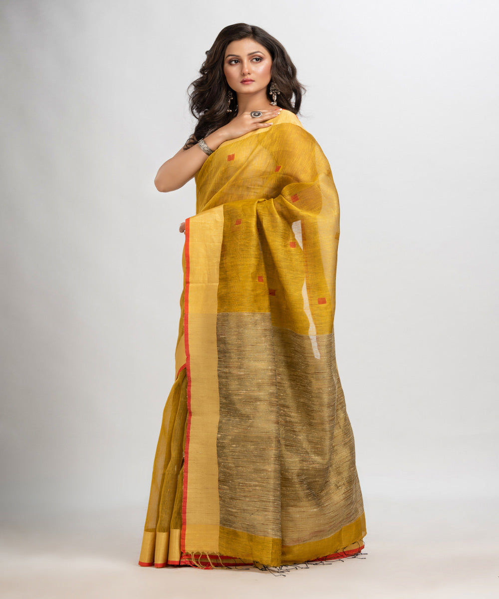 Mustard red handloom silk blend linen bengal saree
