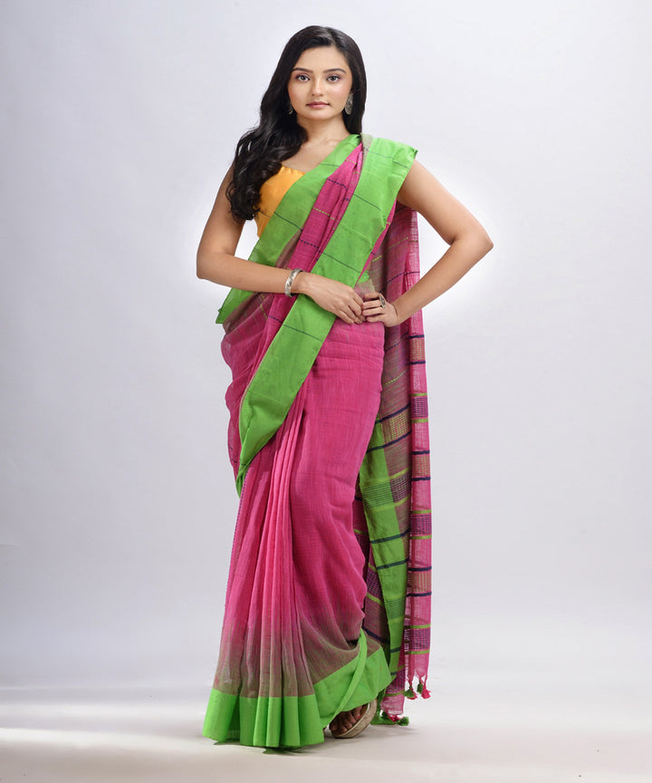 Pink green handwoven tie dye cotton bengal saree