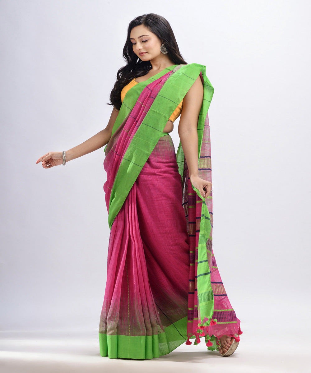 Pink green handwoven tie dye cotton bengal saree