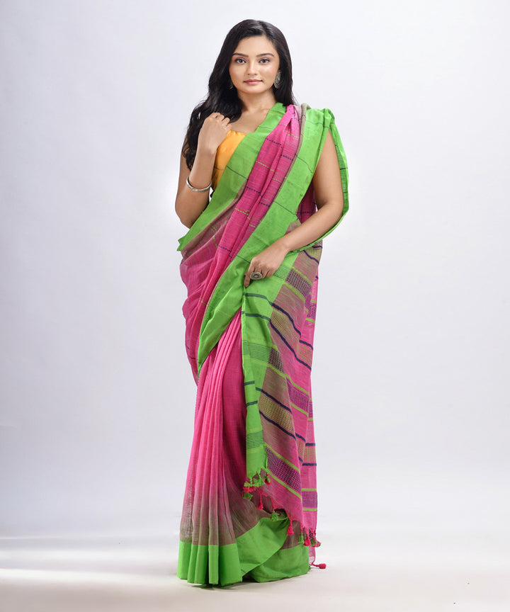 Pink green handwoven tie dye cotton bengal saree