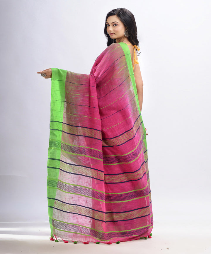 Pink green handwoven tie dye cotton bengal saree