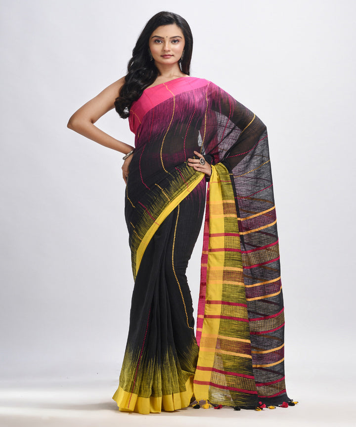 Black yellow pink handwoven tie dye cotton bengal saree