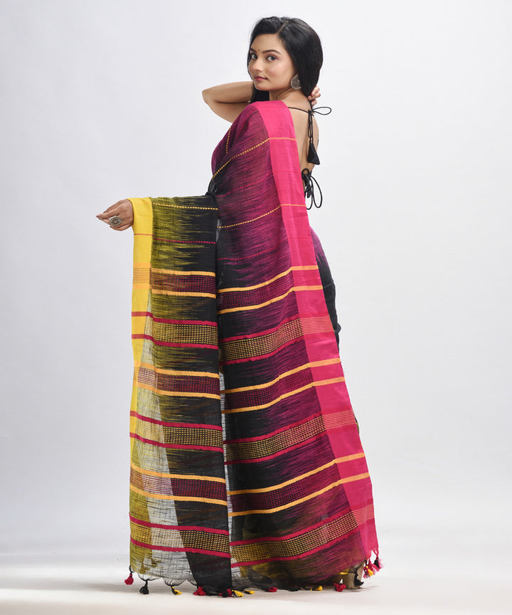 Black yellow pink handwoven tie dye cotton bengal saree