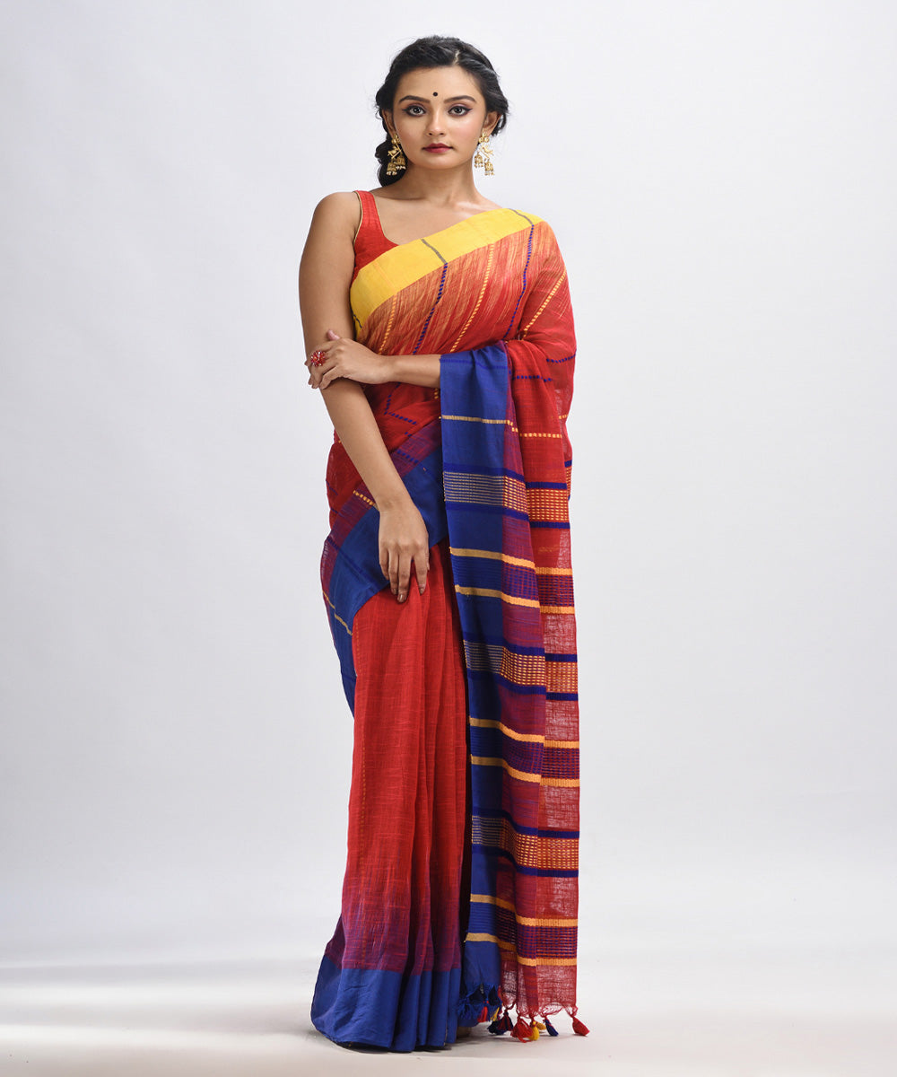 Red blue yellow handwoven tie dye cotton bengal saree