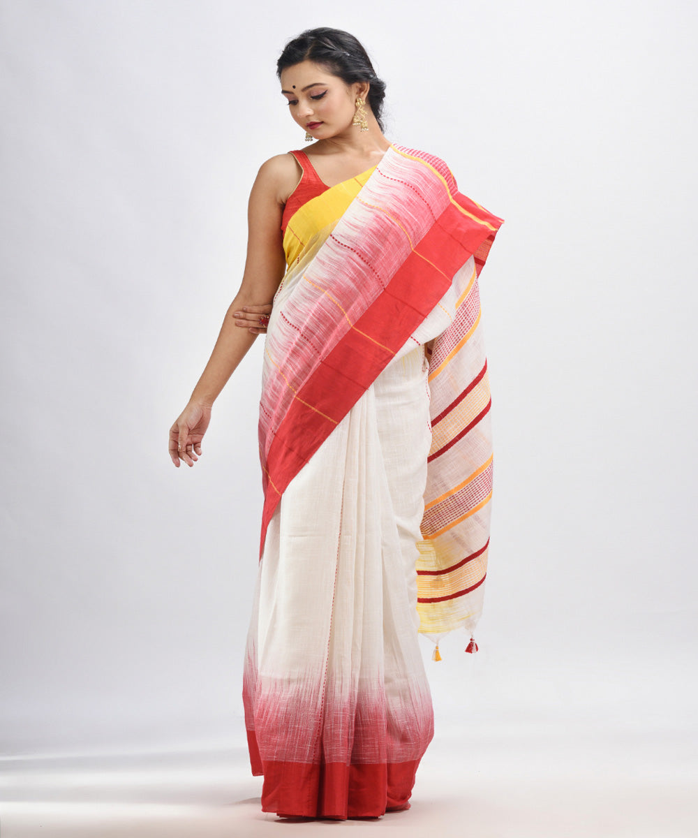 White red yellow handwoven tie dye cotton bengal saree