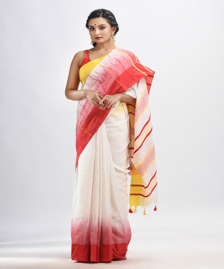 White red yellow handwoven tie dye cotton bengal saree