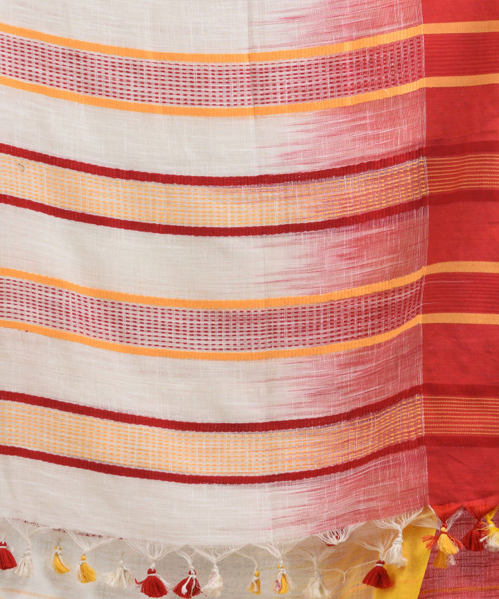 White red yellow handwoven tie dye cotton bengal saree