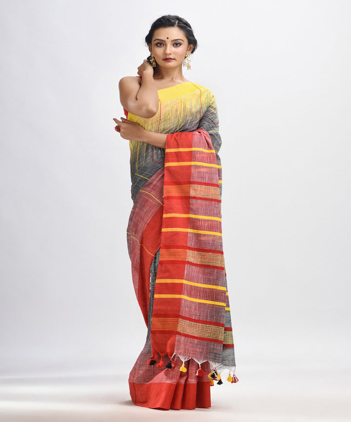 Grey red yellow handwoven tie dye cotton bengal saree