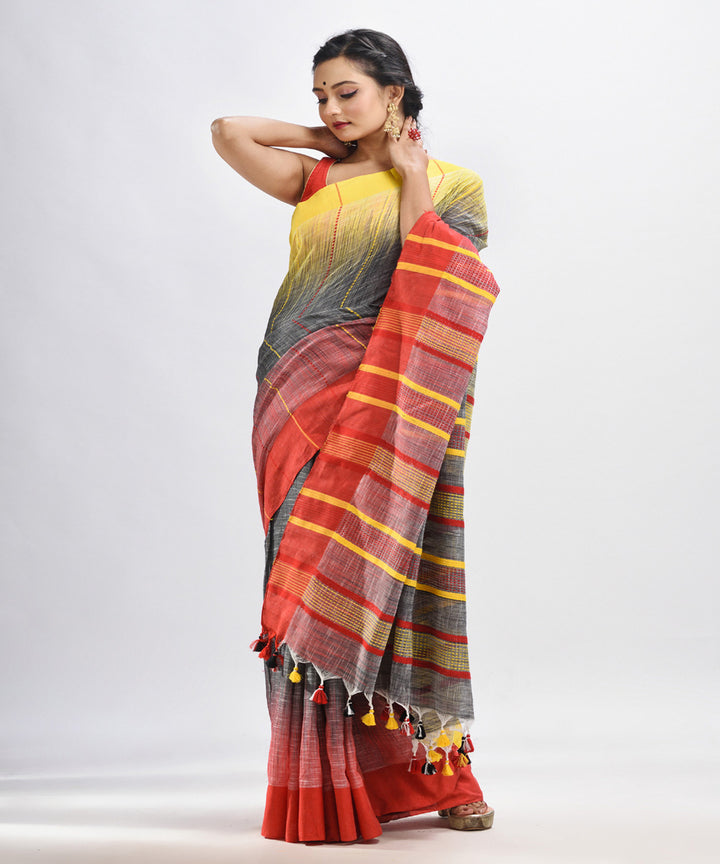 Grey red yellow handwoven tie dye cotton bengal saree