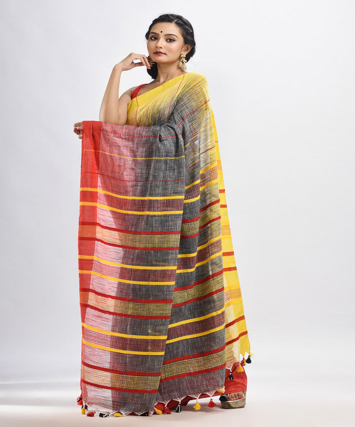 Grey red yellow handwoven tie dye cotton bengal saree