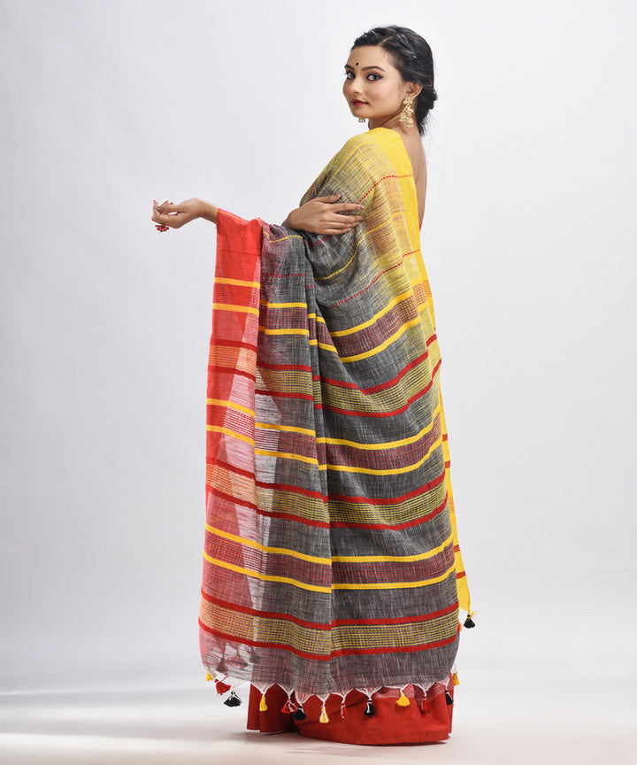 Grey red yellow handwoven tie dye cotton bengal saree