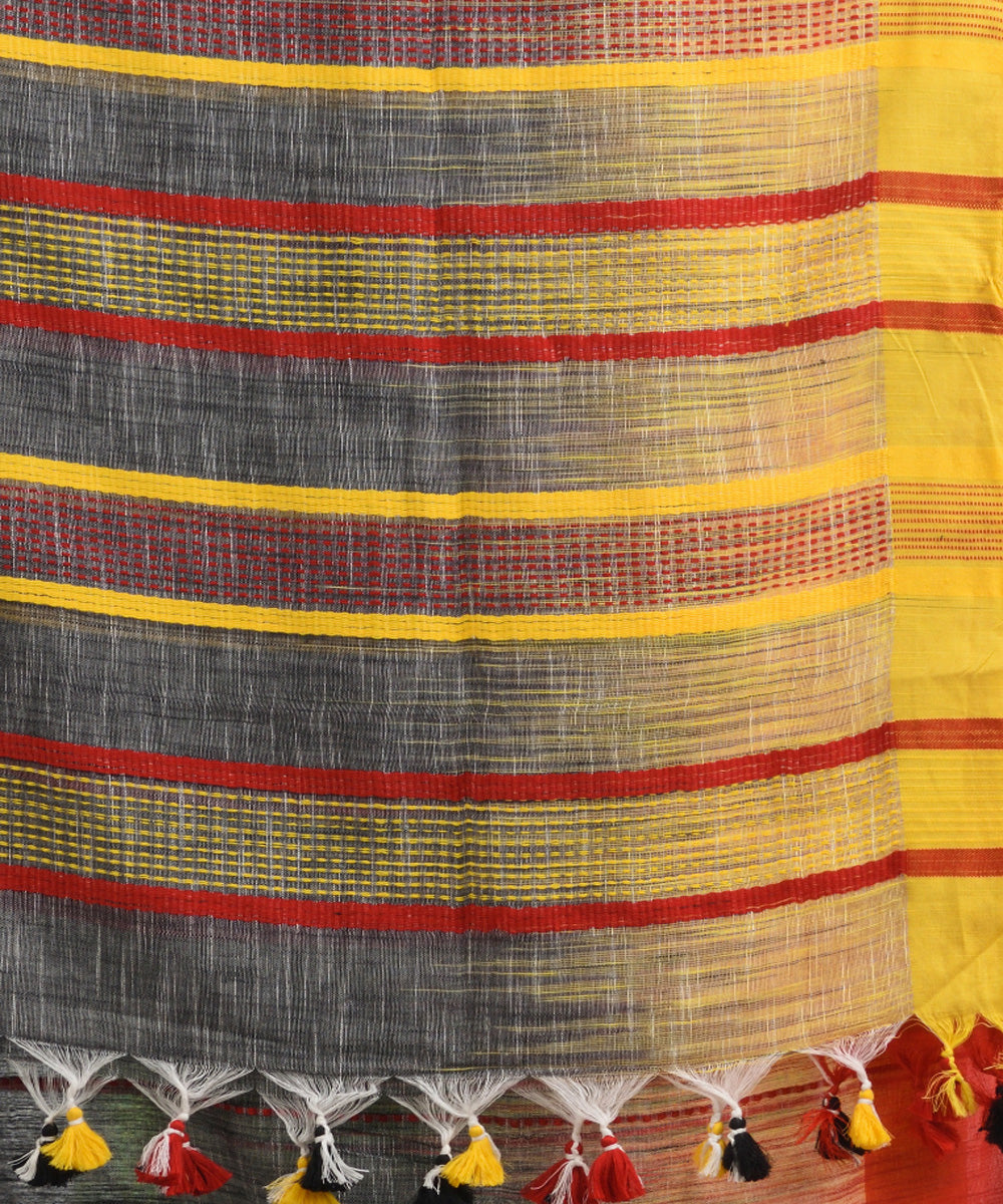 Grey red yellow handwoven tie dye cotton bengal saree