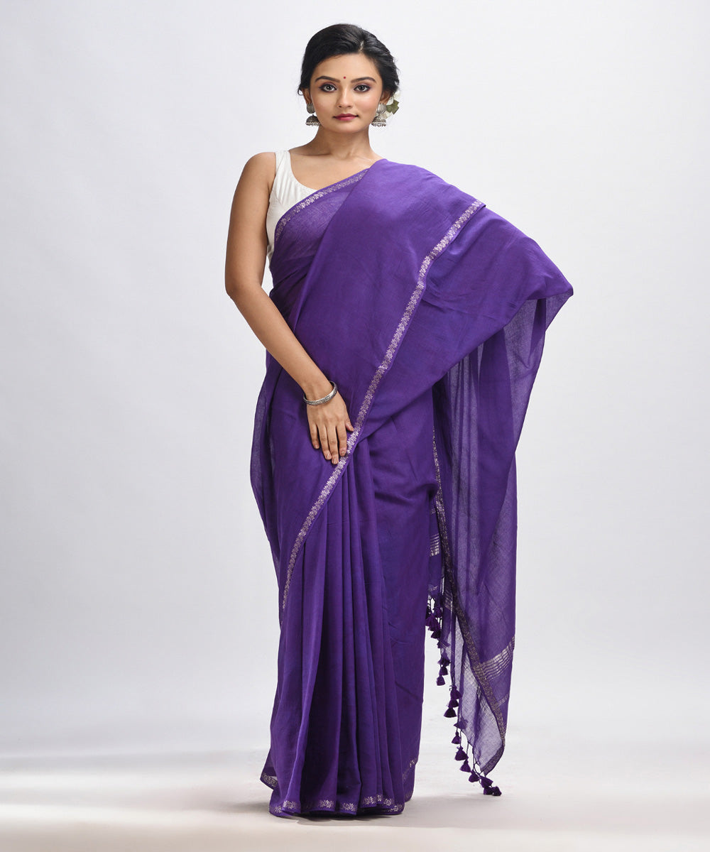 Purple handloom cotton bengal saree with zari pallu border