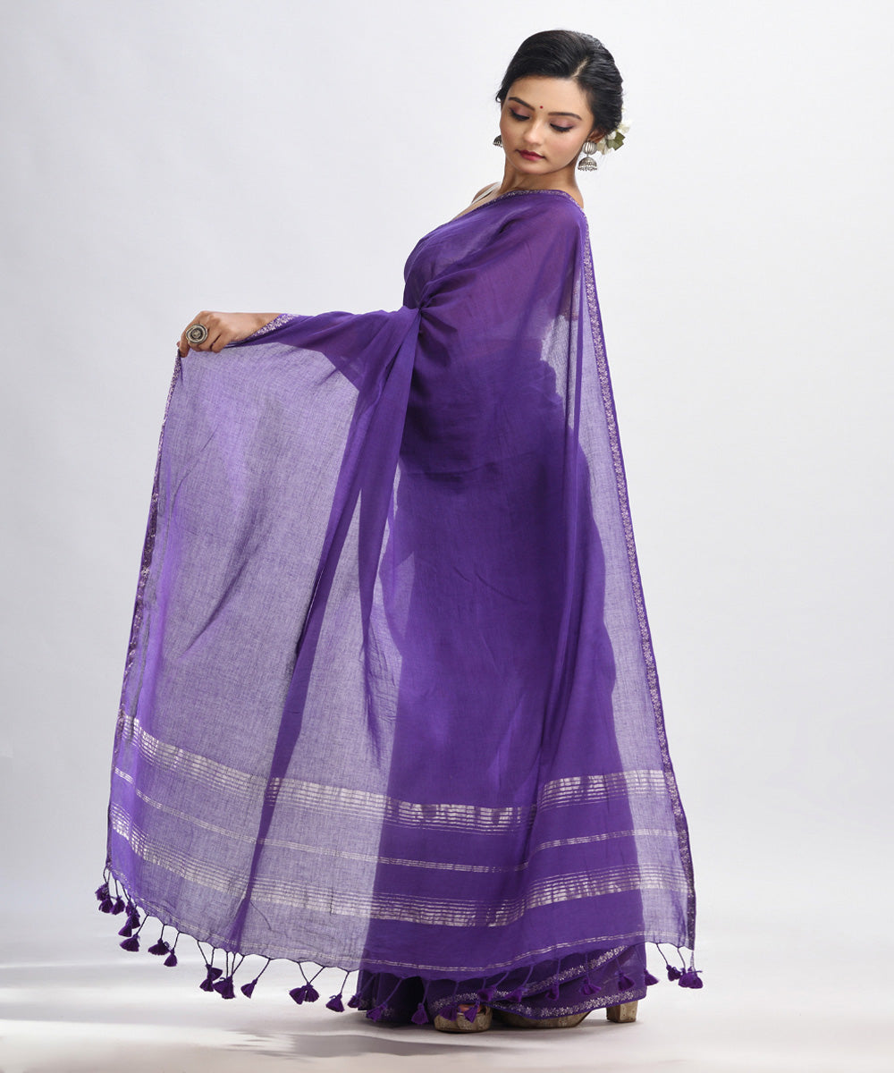 Purple handloom cotton bengal saree with zari pallu border