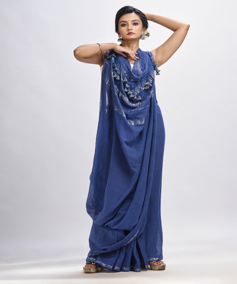 Navy blue handloom cotton bengal saree with zari pallu border