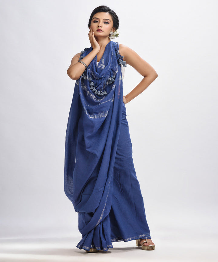 Navy blue handloom cotton bengal saree with zari pallu border