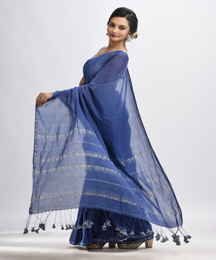 Navy blue handloom cotton bengal saree with zari pallu border