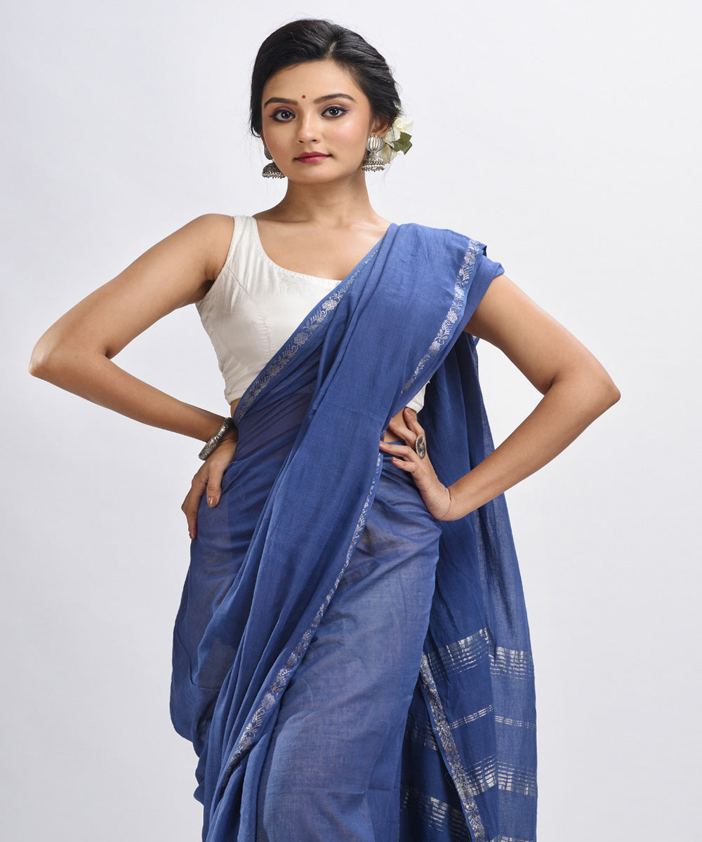 Navy blue handloom cotton bengal saree with zari pallu border