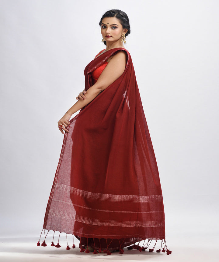 Maroon handloom cotton bengal saree with zari pallu border