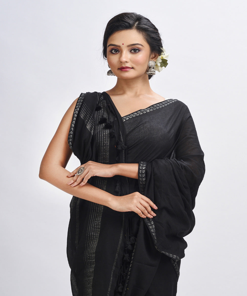 Black handloom cotton bengal saree with zari pallu border