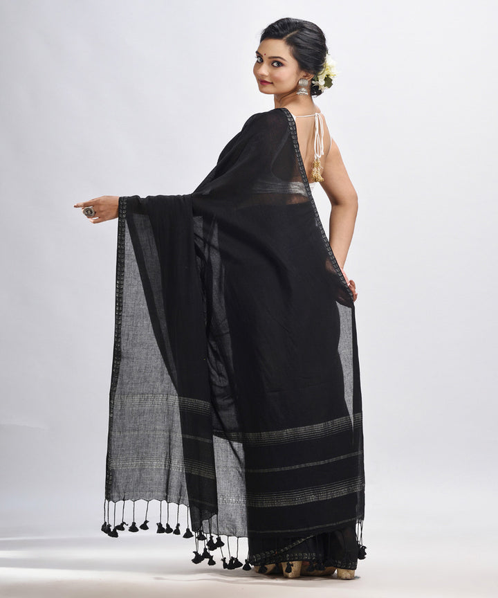 Black handloom cotton bengal saree with zari pallu border