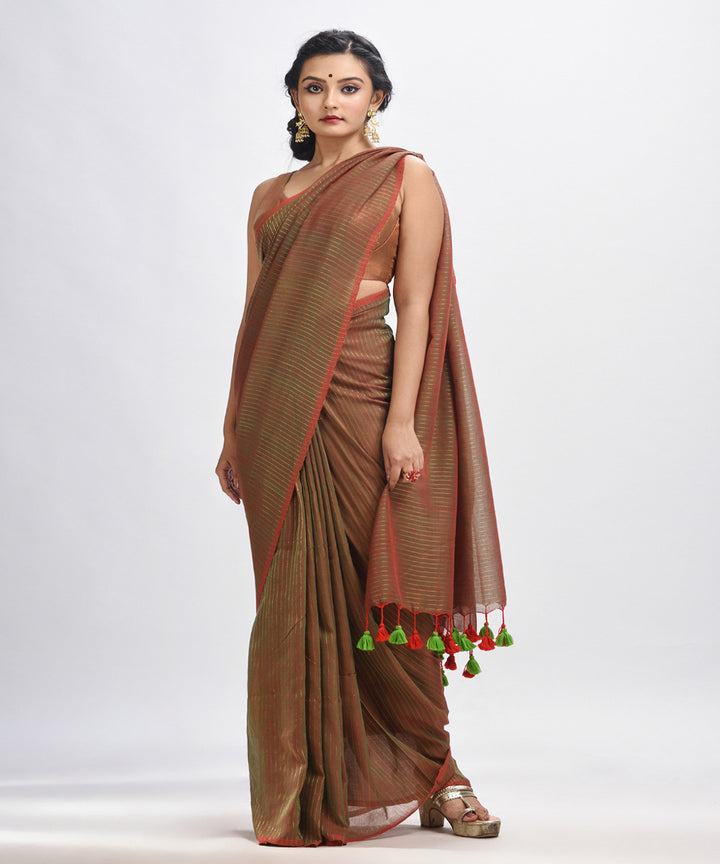 Brown green handwoven mulmul cotton bengal saree