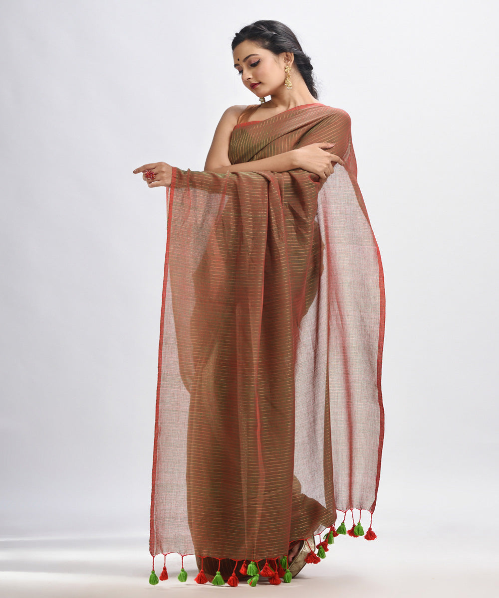 Brown green handwoven mulmul cotton bengal saree