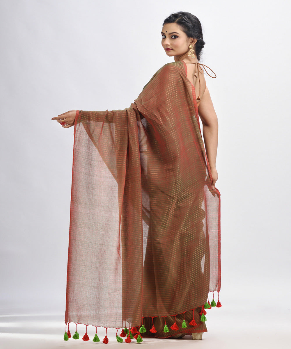 Brown green handwoven mulmul cotton bengal saree