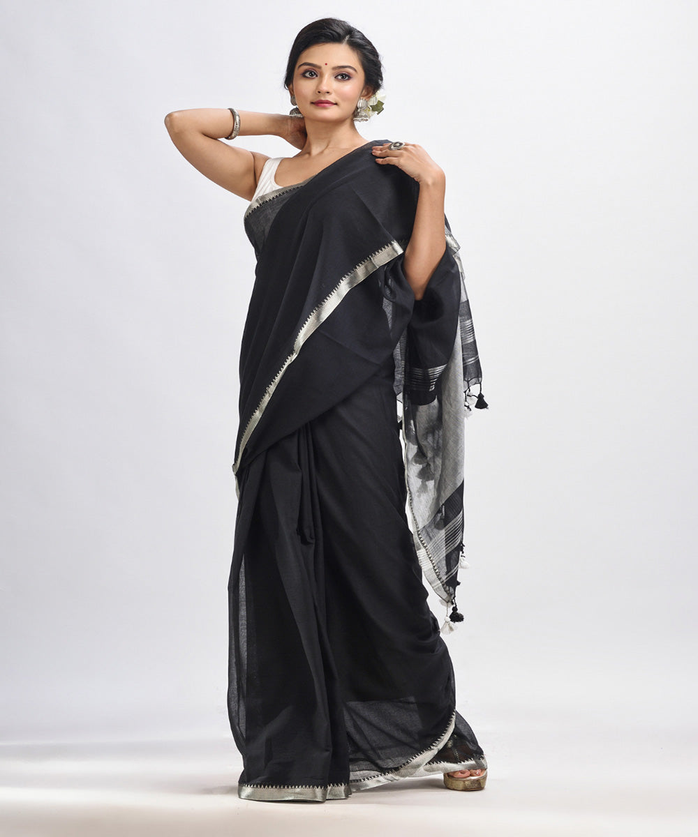 Black handloom cotton bengal saree with zari pallu and border