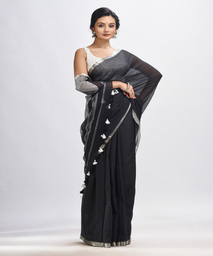 Black handloom cotton bengal saree with zari pallu and border