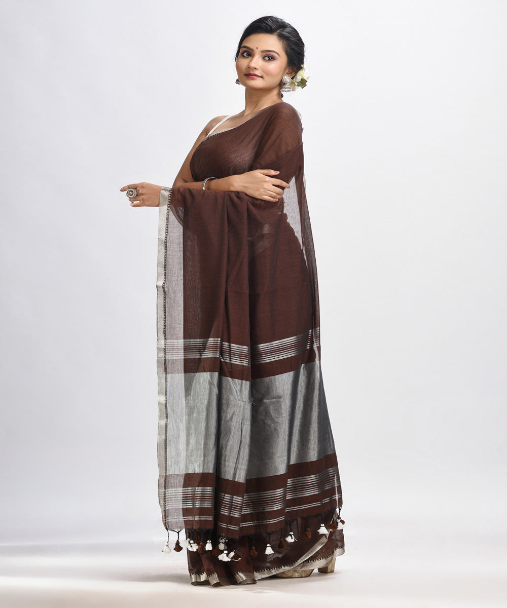 Dark coffee handloom cotton bengal saree with zari pallu border