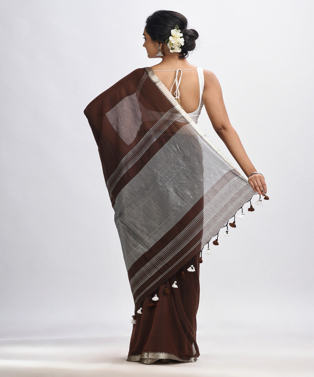Dark coffee handloom cotton bengal saree with zari pallu border