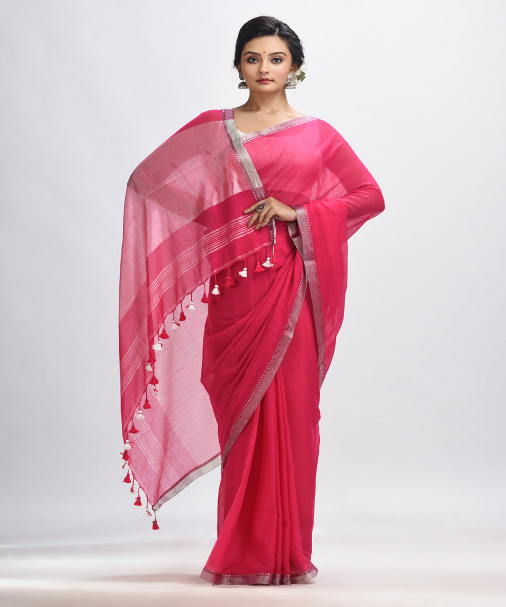 Deep pink handloom cotton bengal saree with zari pallu border