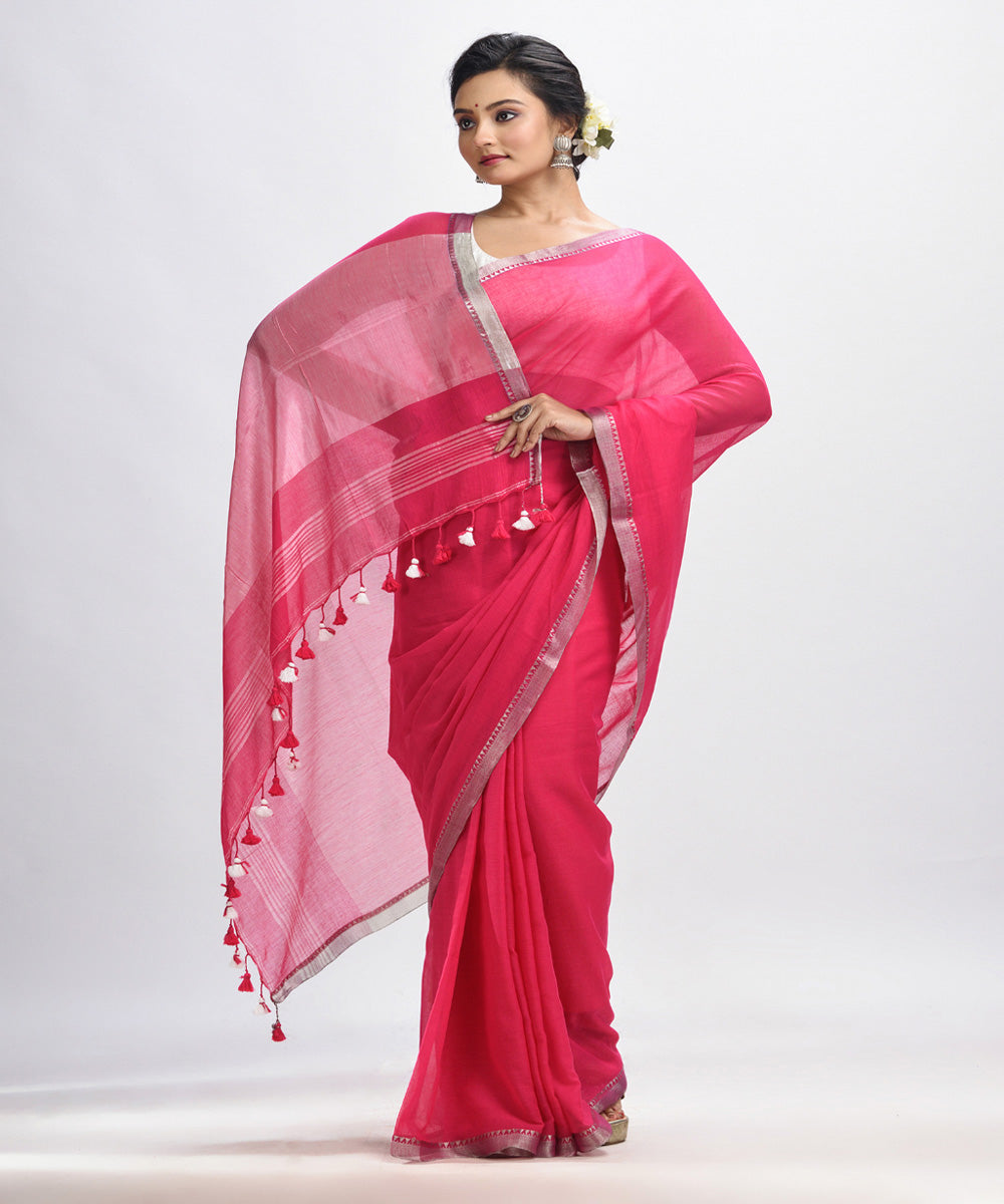 Deep pink handloom cotton bengal saree with zari pallu border